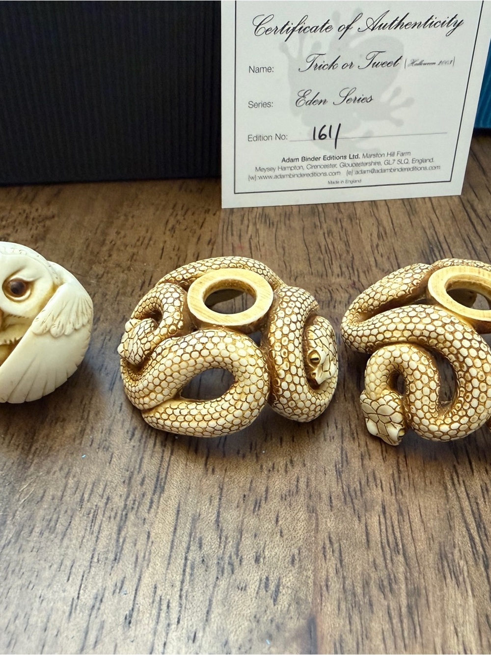 Adam Binder ‘Trick or Tweet' Resin Owl & Snake Figurine - Cream - Picture 4 of 6